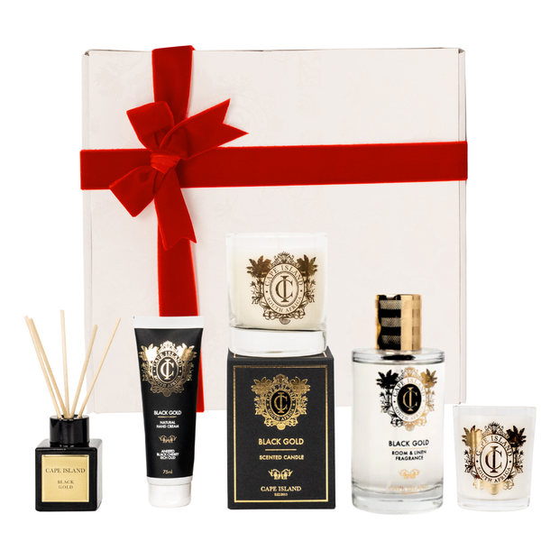 GRANDE GIFT: Black Gold Medium candle; Roomspray 100ml, 50ml unboxed Diffuser, mini candle & Hand Lotion