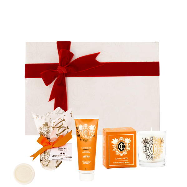 PETIT GIFT: Safari Days Votive candle; Hand Tube 75ml and perfumed wax melt