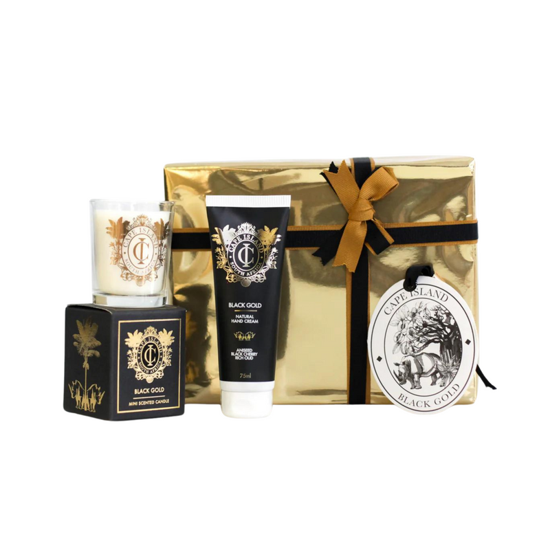 PETIT GIFT: Black Gold Votive candle; Hand Tube 75ml and card Diffuser