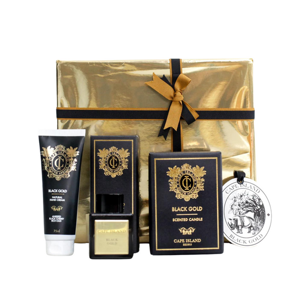 GRANDE GIFT: Black Gold Medium candle; Hand Tube 75ml and Roomspray 100ml & 50ml unboxed Diffuser