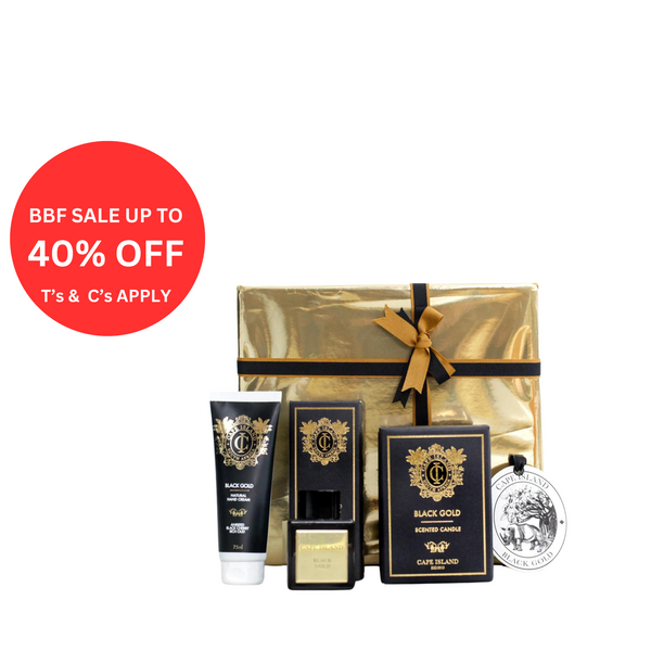 GRANDE GIFT: Black Gold Medium candle; Hand Tube 75ml and Roomspray 100ml & 50ml unboxed Diffuser