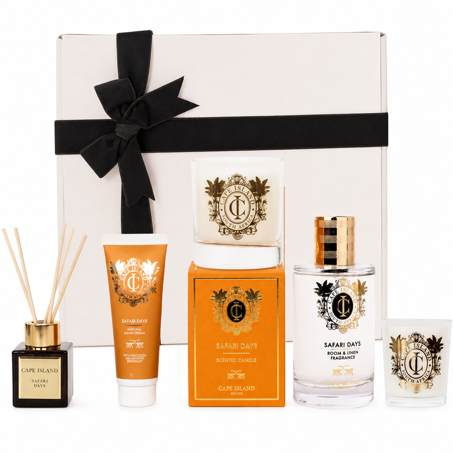 GRANDE GIFT: Safari Days Medium candle; Roomspray 100ml, 50ml unboxed Diffuser, mini candle & Hand Lotion